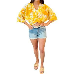 Gauzy cream & yellow peasant style top with puffed tie sleeves and scoop neck, M